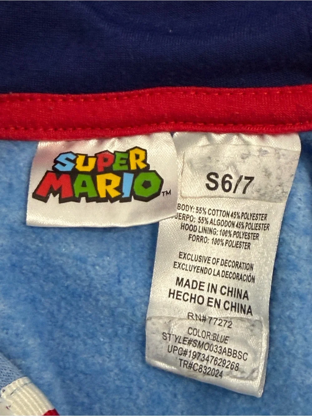 Super Mario Boys Zip Up Hoodie Size 6/7 Blue Nintendo Hooded Sweatshirt Game Cha